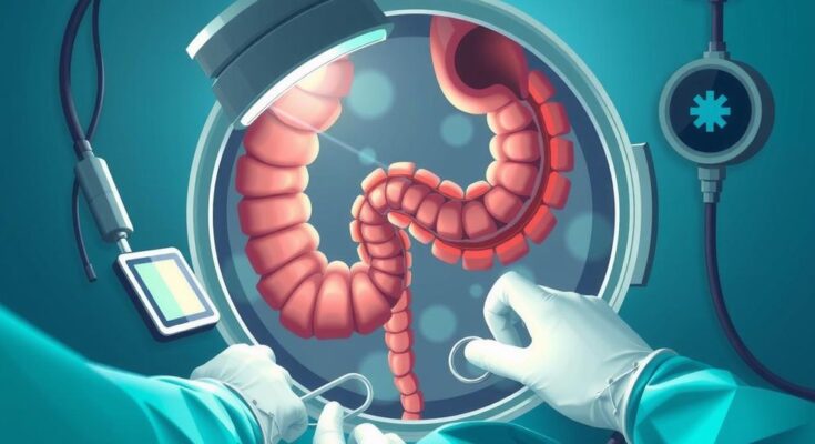 Ilustrasi prosedur kolonoskopi untuk skrining kanker pada usia 45 tahun dengan tampilan medis yang terorganisir.