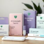 Kits untuk tes kesehatan di rumah, dengan desain modern dan latar belakang lembut, mendorong perawatan kesehatan wanita