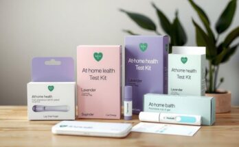 Kits untuk tes kesehatan di rumah, dengan desain modern dan latar belakang lembut, mendorong perawatan kesehatan wanita