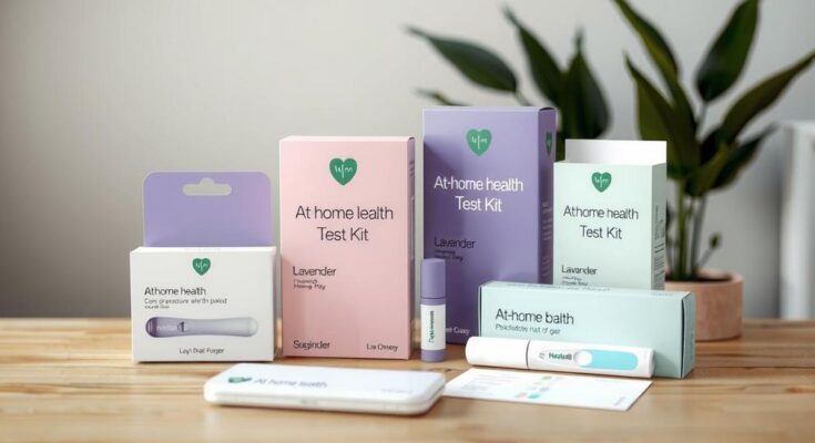 Kits untuk tes kesehatan di rumah, dengan desain modern dan latar belakang lembut, mendorong perawatan kesehatan wanita