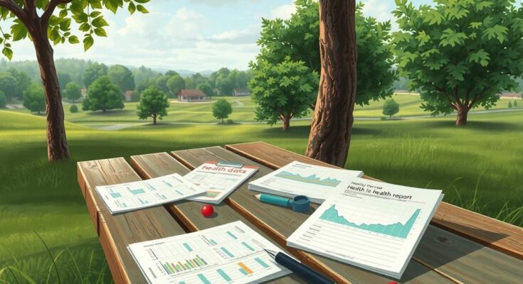 Sesi dengar pendapat di luar ruangan dengan suasana natural, panel data kesehatan, dan catatan di meja.