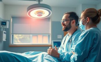 A serene hospital scene depicting positive recovery after a successful medical procedure, focusing on healthcare teamwork.