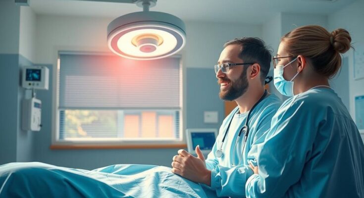 A serene hospital scene depicting positive recovery after a successful medical procedure, focusing on healthcare teamwork.