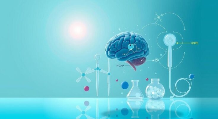 Terapi kanker otak dan drug treatment advancements dengan warna lembut yang sejuk.