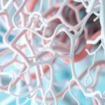 Struktur kolagen tumor dengan variasi warna lembut melambangkan penelitian kesehatan yang mencakup perbedaan ras.