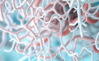 Struktur kolagen tumor dengan variasi warna lembut melambangkan penelitian kesehatan yang mencakup perbedaan ras.