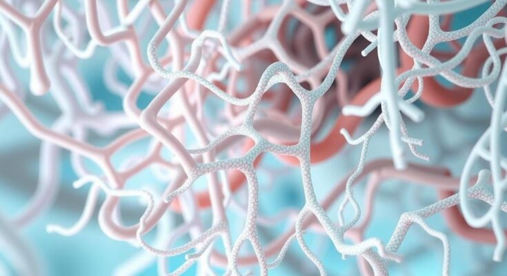 Struktur kolagen tumor dengan variasi warna lembut melambangkan penelitian kesehatan yang mencakup perbedaan ras.