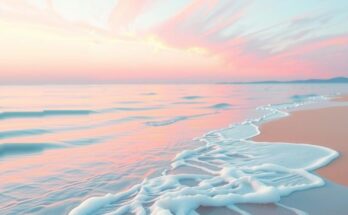 Suasana damai di tepi pantai dengan ombak lembut, menenangkan perasaan dan pikiran dengan warna pastel yang lembut.