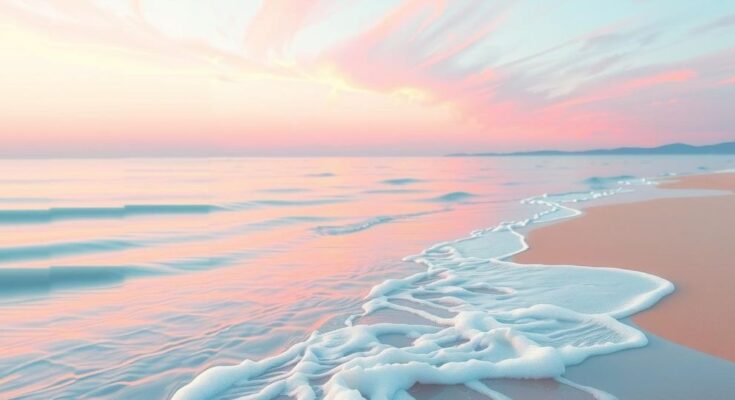 Suasana damai di tepi pantai dengan ombak lembut, menenangkan perasaan dan pikiran dengan warna pastel yang lembut.