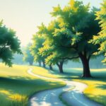 Pemandangan alam yang menenangkan dengan pepohonan hijau dan jalan setapak, mencerminkan momen refleksi dan ketenangan.