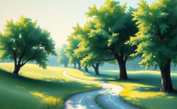 Pemandangan alam yang menenangkan dengan pepohonan hijau dan jalan setapak, mencerminkan momen refleksi dan ketenangan.