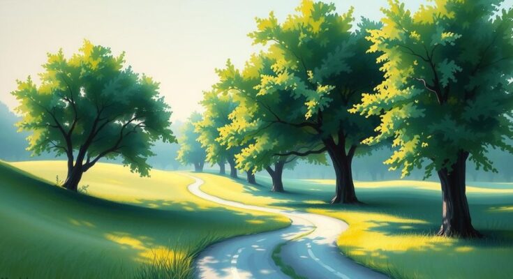Pemandangan alam yang menenangkan dengan pepohonan hijau dan jalan setapak, mencerminkan momen refleksi dan ketenangan.