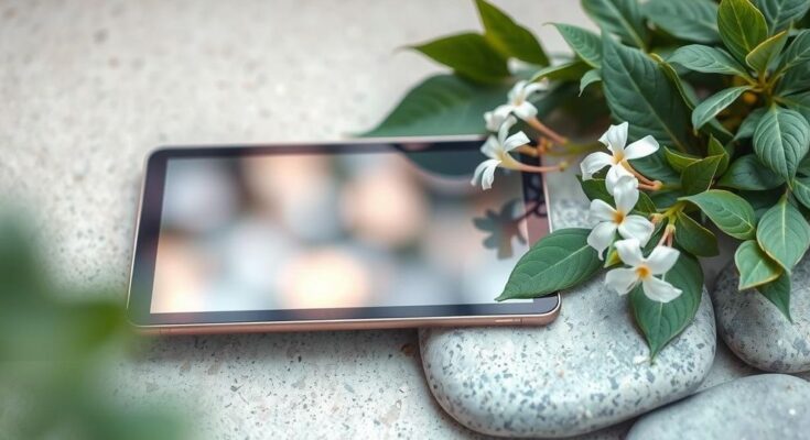 Tablet with nature background symbolizing hope in menopause relief and breast health for women.