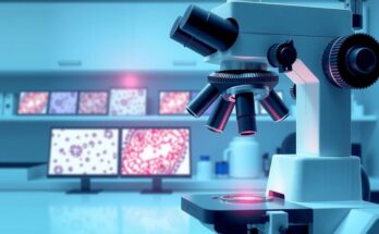 Tissue samples and microscope in lab, depicting cancer research and immunotherapy studies.