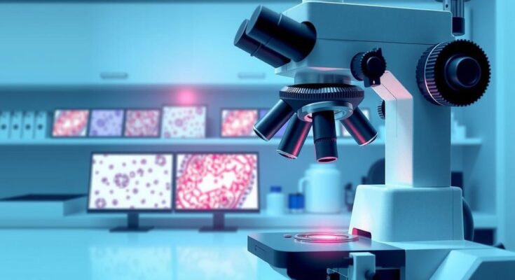 Tissue samples and microscope in lab, depicting cancer research and immunotherapy studies.