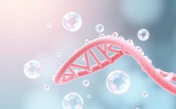 Ilustrasi struktur droplet Nup98 melindungi DNA dalam warna pastel.