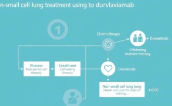 Diagram skematik proses pengobatan kanker paru-paru non-kecil dengan durvalumab dalam setting medis yang klinis.