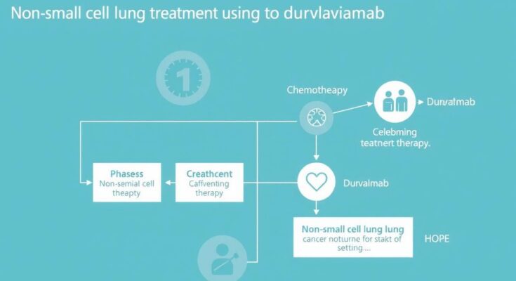 Diagram skematik proses pengobatan kanker paru-paru non-kecil dengan durvalumab dalam setting medis yang klinis.