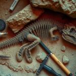 Fossilized dinosaur remains in a paleontological setting, surrounded by tools and earth tones, showcasing scientific discovery.