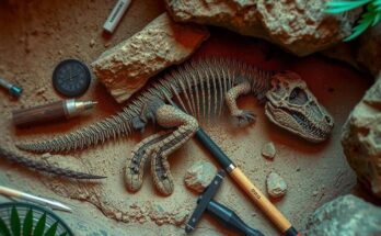 Fossilized dinosaur remains in a paleontological setting, surrounded by tools and earth tones, showcasing scientific discovery.