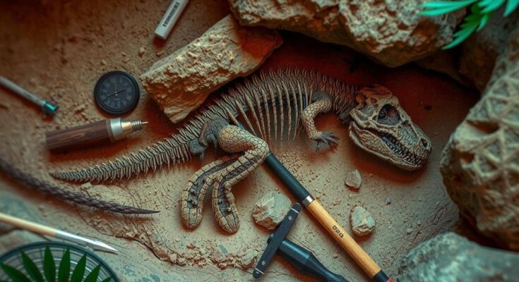 Fossilized dinosaur remains in a paleontological setting, surrounded by tools and earth tones, showcasing scientific discovery.