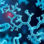 Molekul protein berinteraksi di dalam sel kanker, menampilkan struktur dinamis dengan latar belakang berwarna yang cerah.