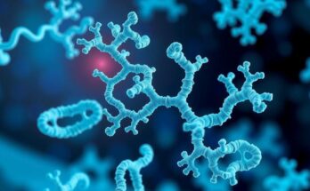 Molekul protein berinteraksi di dalam sel kanker, menampilkan struktur dinamis dengan latar belakang berwarna yang cerah.