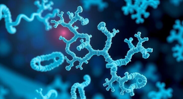 Molekul protein berinteraksi di dalam sel kanker, menampilkan struktur dinamis dengan latar belakang berwarna yang cerah.