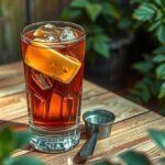Gelas berisi minuman beralkohol dengan latar belakang dedaunan hijau segar