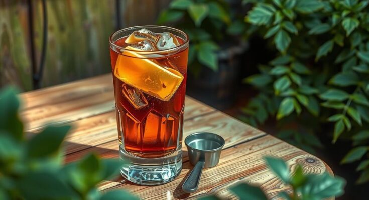 Gelas berisi minuman beralkohol dengan latar belakang dedaunan hijau segar