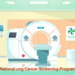 Gambar ilustrasi program penyaringan kanker paru-paru dengan alat CT scan, berwarna cerah dan informatif.