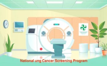 Gambar ilustrasi program penyaringan kanker paru-paru dengan alat CT scan, berwarna cerah dan informatif.
