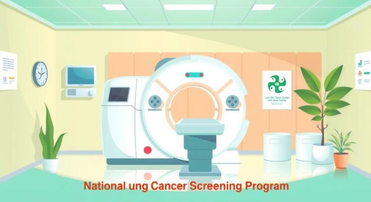 Gambar ilustrasi program penyaringan kanker paru-paru dengan alat CT scan, berwarna cerah dan informatif.