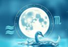 Ilustrasi bulan purnama dengan simbol zodiak berair, menandakan perubahan komunikasi dan emosional dalam astrologi.