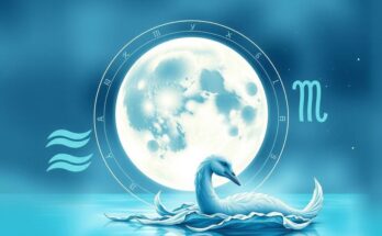 Ilustrasi bulan purnama dengan simbol zodiak berair, menandakan perubahan komunikasi dan emosional dalam astrologi.