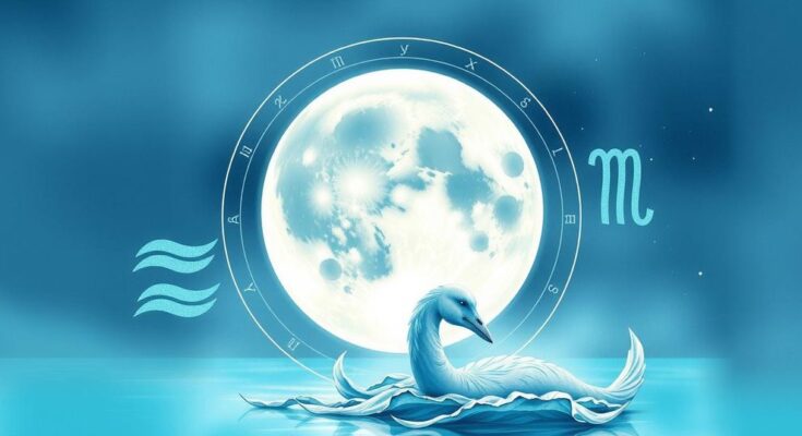Ilustrasi bulan purnama dengan simbol zodiak berair, menandakan perubahan komunikasi dan emosional dalam astrologi.