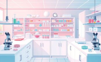 Ilustrasi lab penelitian yang menampilkan alat ilmiah dan bahan dengan warna pastel.