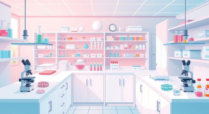 Ilustrasi lab penelitian yang menampilkan alat ilmiah dan bahan dengan warna pastel.