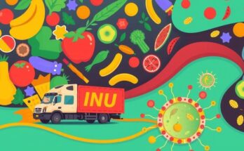 Pictorial representation of nutrient pathways in the body, showcasing vibrant foods flowing into cells, nutrient transporters, and interactions.