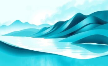 Lanskap dengan warna aqua, menggambarkan suasana tenang dan damai, tanpa manusia atau objek yang menganggu.