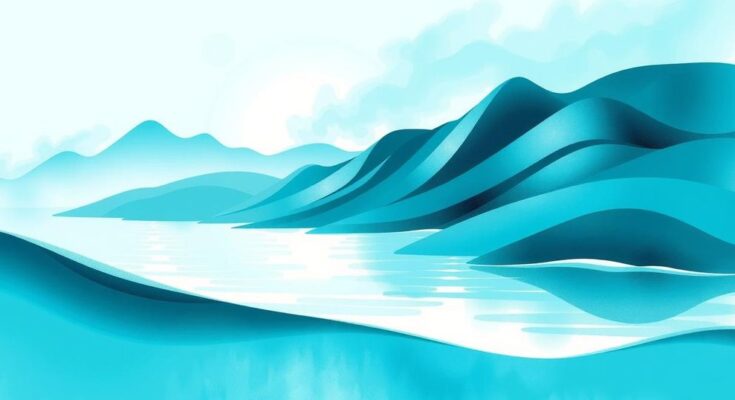 Lanskap dengan warna aqua, menggambarkan suasana tenang dan damai, tanpa manusia atau objek yang menganggu.