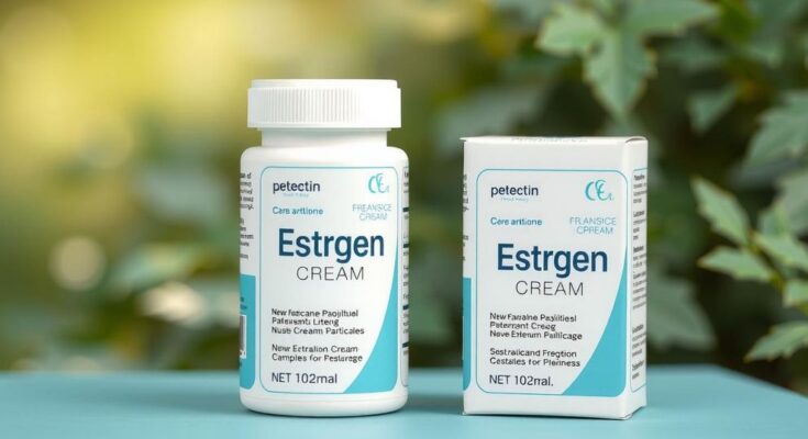 Ilustrasi dua tabung estrogen dalam wadah dengan latar belakang alami, menyoroti kesehatan pasien lanjut usia.