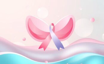 Ilustrasi warna pastel tentang kesadaran payudara dan pentingnya kesehatan wanita.