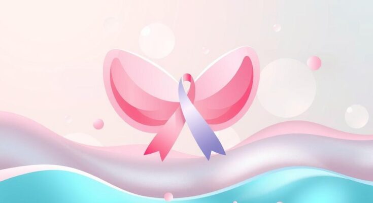 Ilustrasi warna pastel tentang kesadaran payudara dan pentingnya kesehatan wanita.