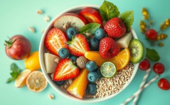 Bowl filled with colorful fruits, vegetables, grains, and seeds highlighting the importance of fiber in nutrition.