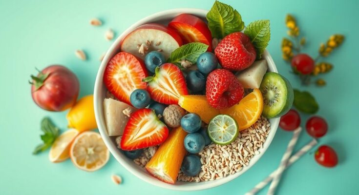 Bowl filled with colorful fruits, vegetables, grains, and seeds highlighting the importance of fiber in nutrition.