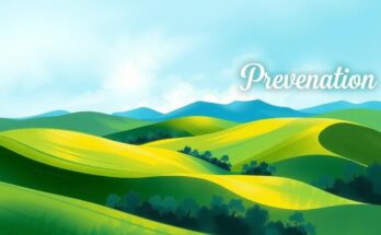 Pemandangan alam yang menenangkan dengan pegunungan dan langit biru, mewakili kesehatan dan pencegahan.
