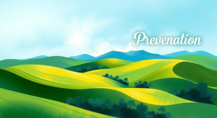 Pemandangan alam yang menenangkan dengan pegunungan dan langit biru, mewakili kesehatan dan pencegahan.