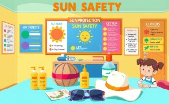 An illustration of children learning about sun safety with sunscreen and UV index charts in a classroom.