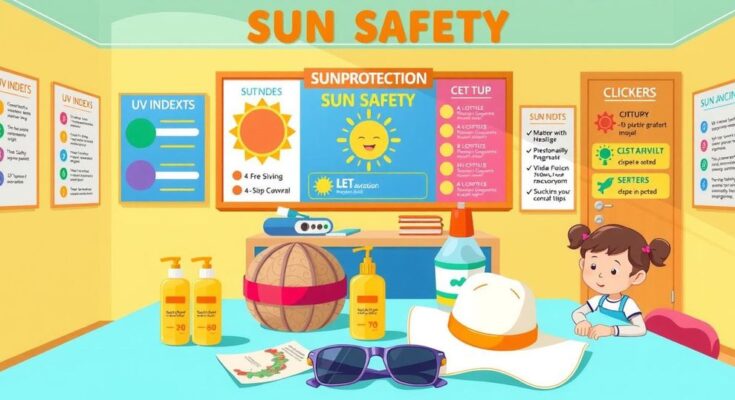 An illustration of children learning about sun safety with sunscreen and UV index charts in a classroom.